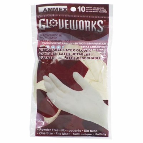 Ammex Latex Disposable Gloves, 3 mil Palm, Latex, Powder-Free, OneSize, Ivory GWL10PK